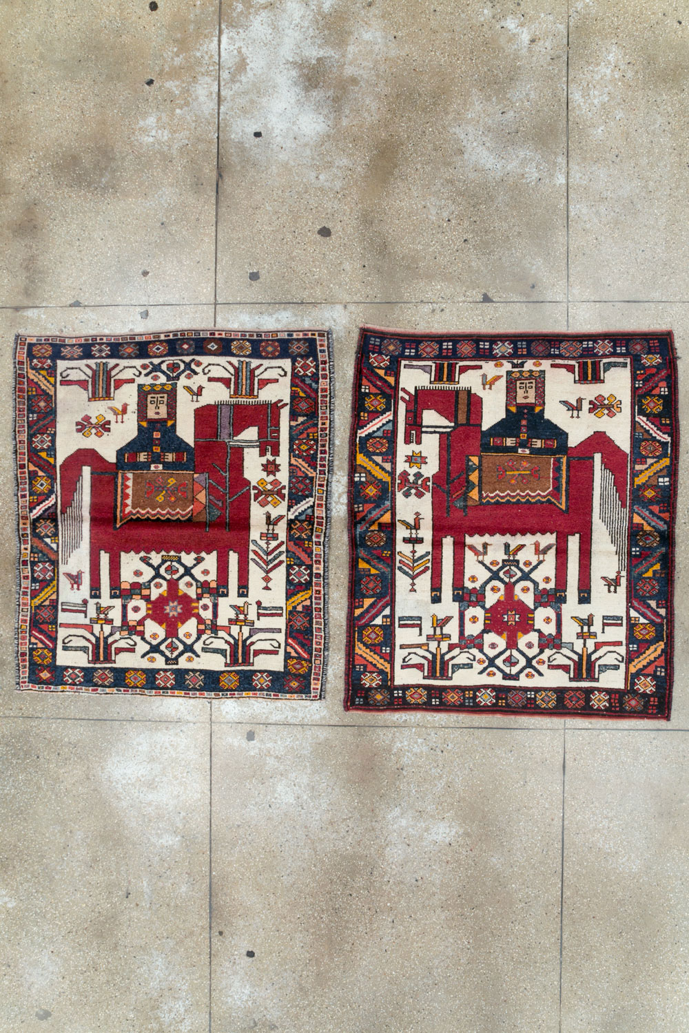 Vintage Persian Pictorial Bakhtiari Square Accent Rug (Pair: 2 of 2), No.30034 - Staging