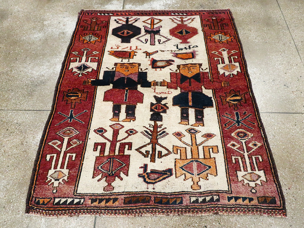 Vintage Persian Pictorial Bakhtiari Accent Rug, No.30036 - Staging