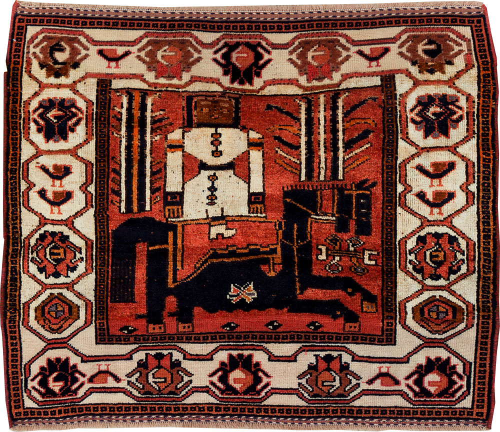 Vintage Persian Pictorial Bakhtiari Accent Rug, No.30144 - Staging