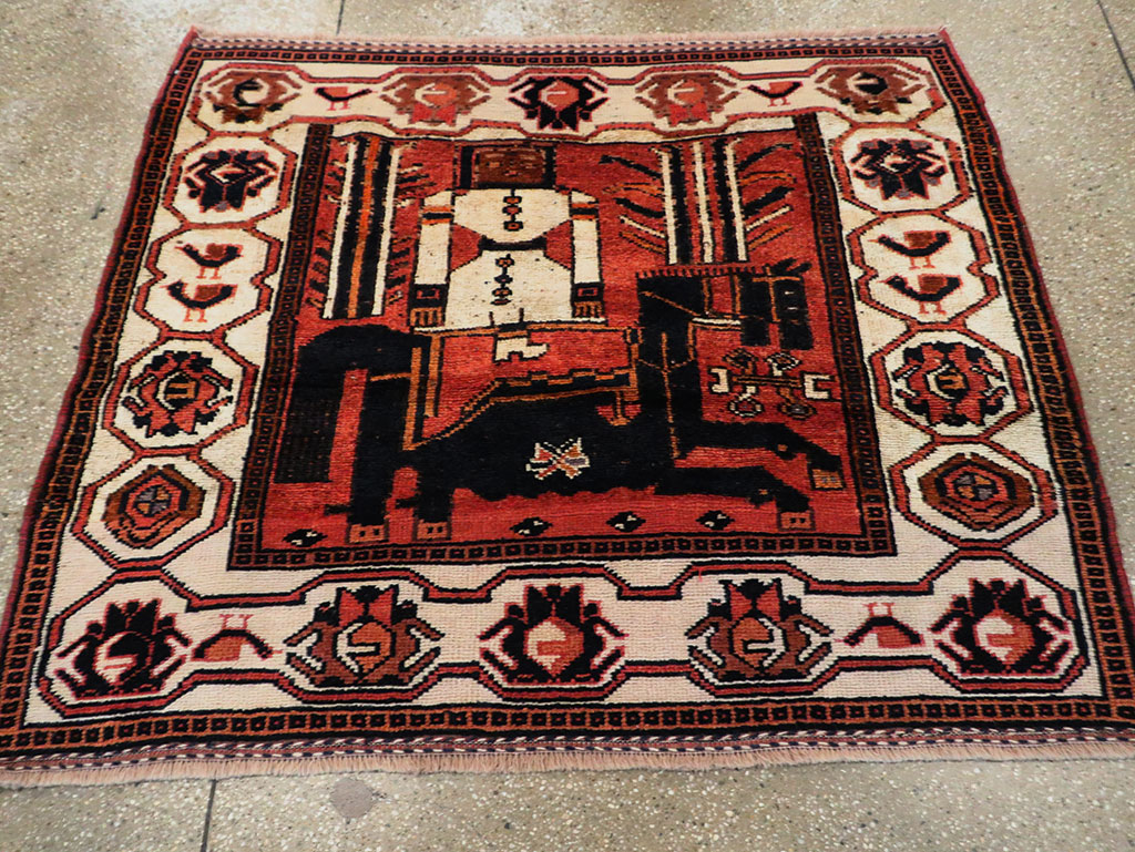 Vintage Persian Pictorial Bakhtiari Accent Rug, No.30144 - Staging