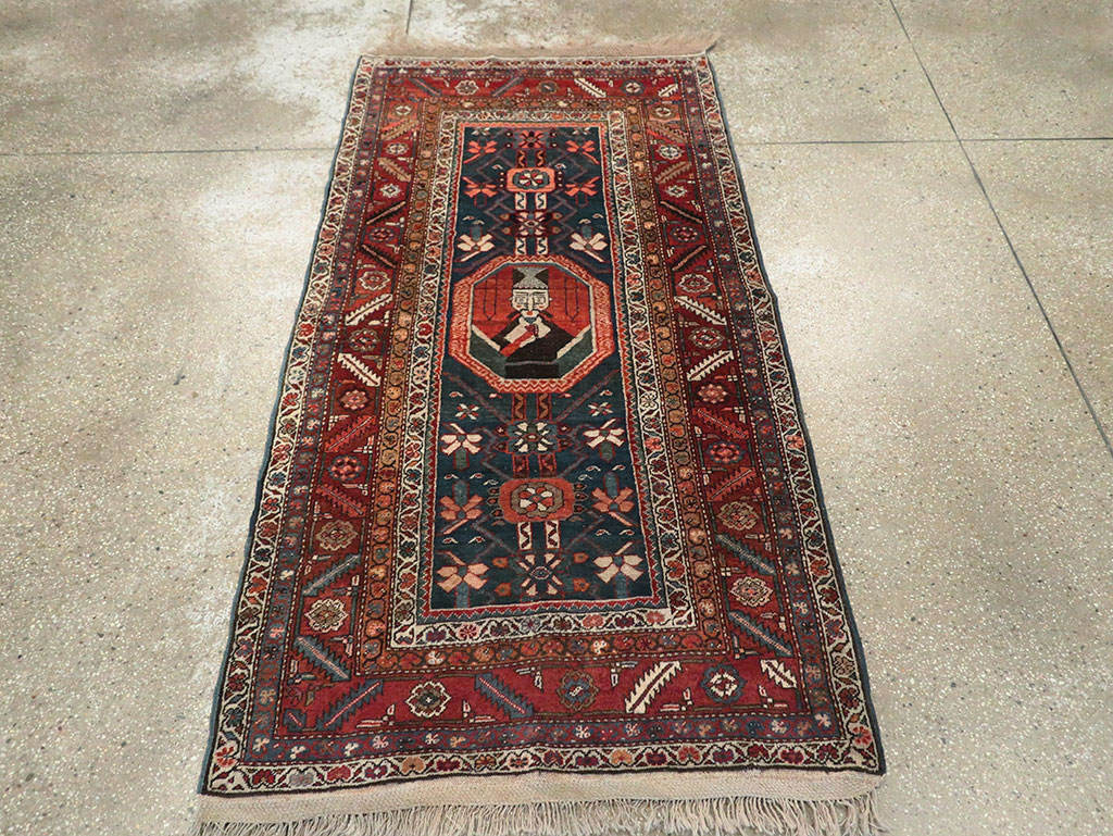 Antique Persian Bakshaish Pictorial Throw Rug, No.30188 - Staging