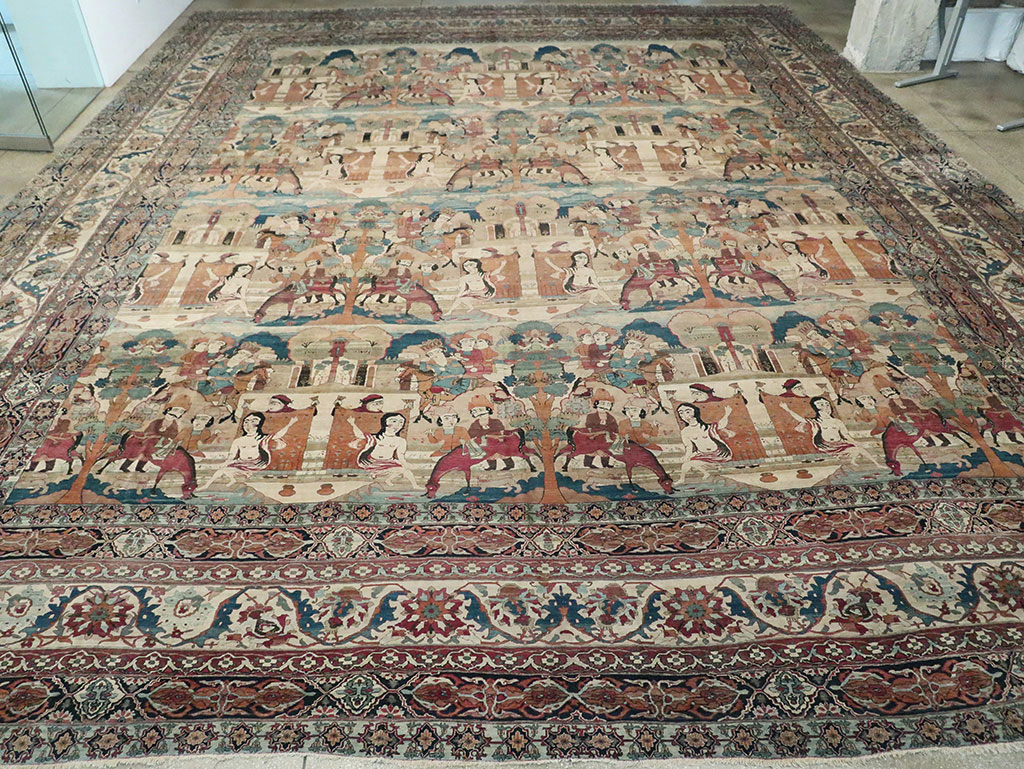 Antique Persian Lavar Kerman Pictorial Oversize Carpet, No.30212 - Staging