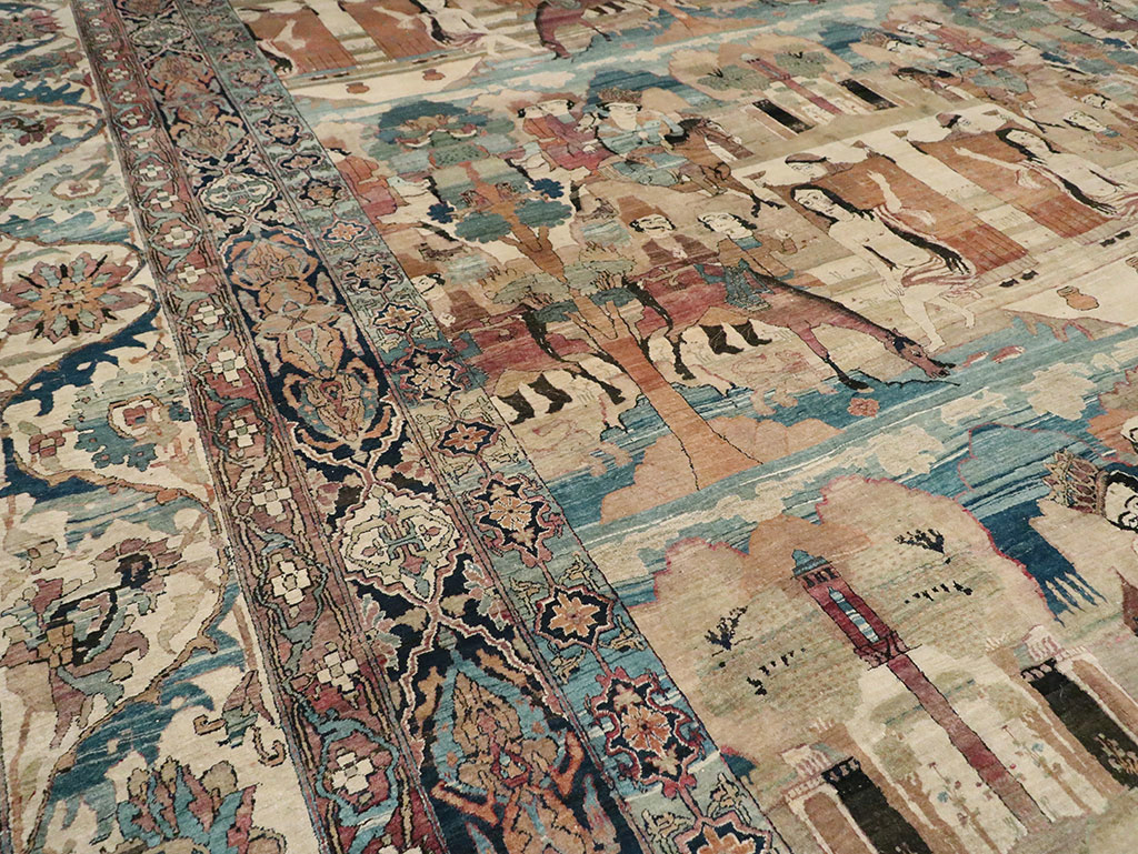 Antique Persian Lavar Kerman Pictorial Oversize Carpet, No.30212 - Staging