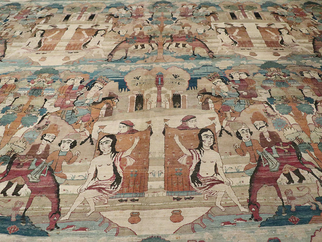 Antique Persian Lavar Kerman Pictorial Oversize Carpet, No.30212 - Staging