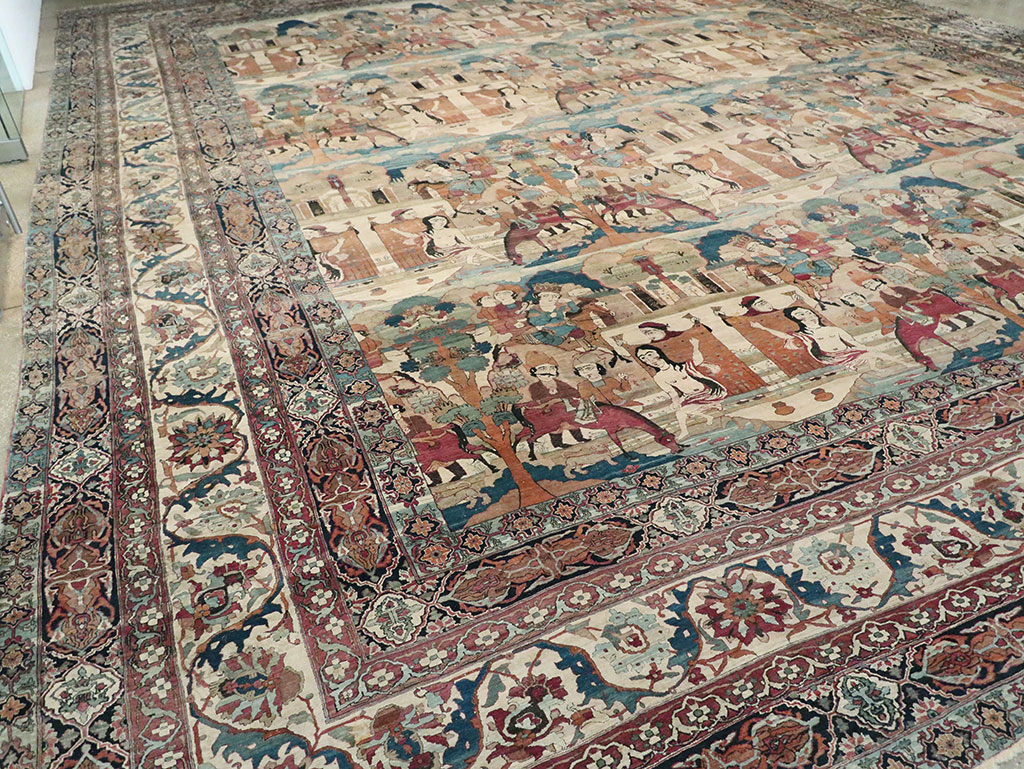 Antique Persian Lavar Kerman Pictorial Oversize Carpet, No.30212 - Staging