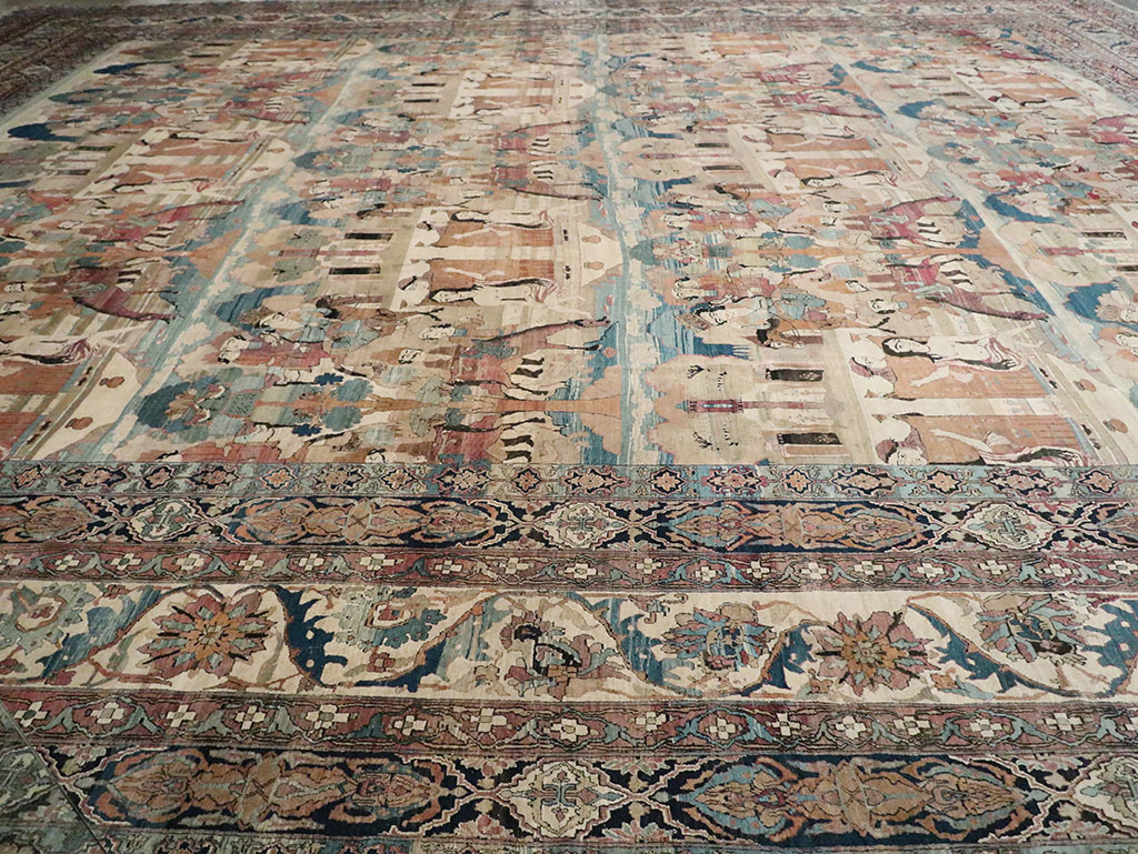 Antique Persian Lavar Kerman Pictorial Oversize Carpet, No.30212 - Staging