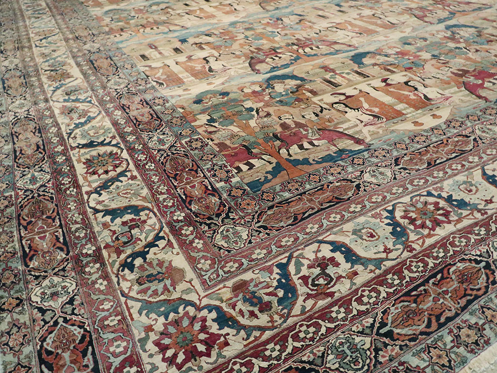 Antique Persian Lavar Kerman Pictorial Oversize Carpet, No.30212 - Staging