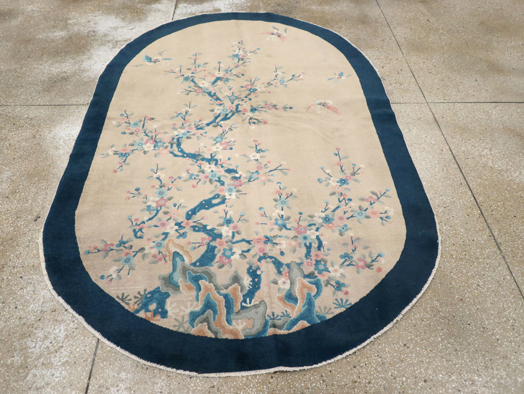Vintage Chinese Art Deco Oval Accent Rug, No.30350 - Staging