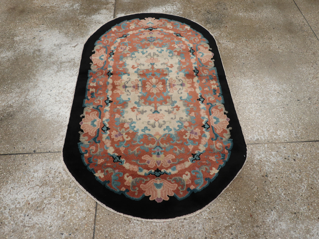Round Oval Vintage Chinese Art Deco Accent Rug, No.30364 - Staging