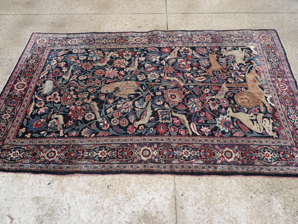 Vintage Persian Pictorial Mashad Rug, No.30407 - Staging