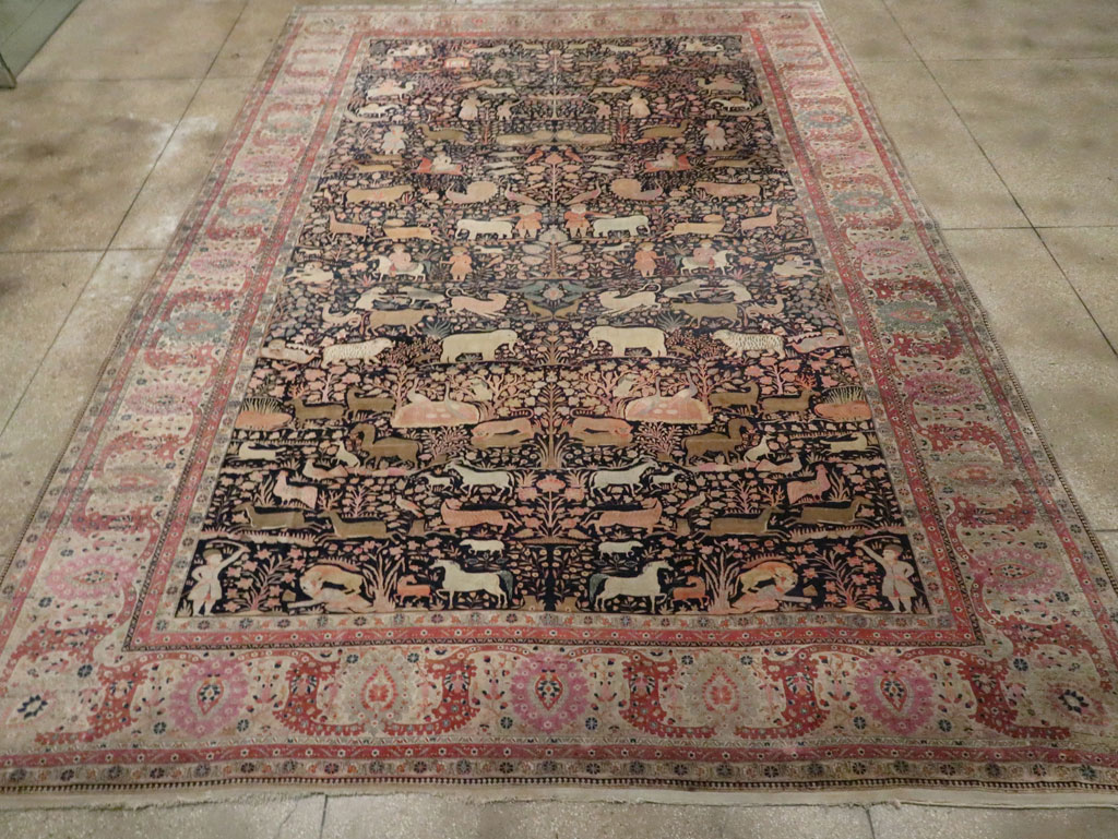 Antique Persian Mohtasham Kashan Large Room Size Pictorial Carpet, No.30541 - Staging