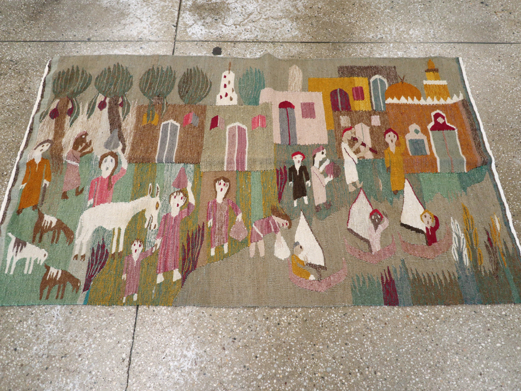 Vintage Polish Pictorial Flatweave Kilim Throw Rug, No.30632 - Staging