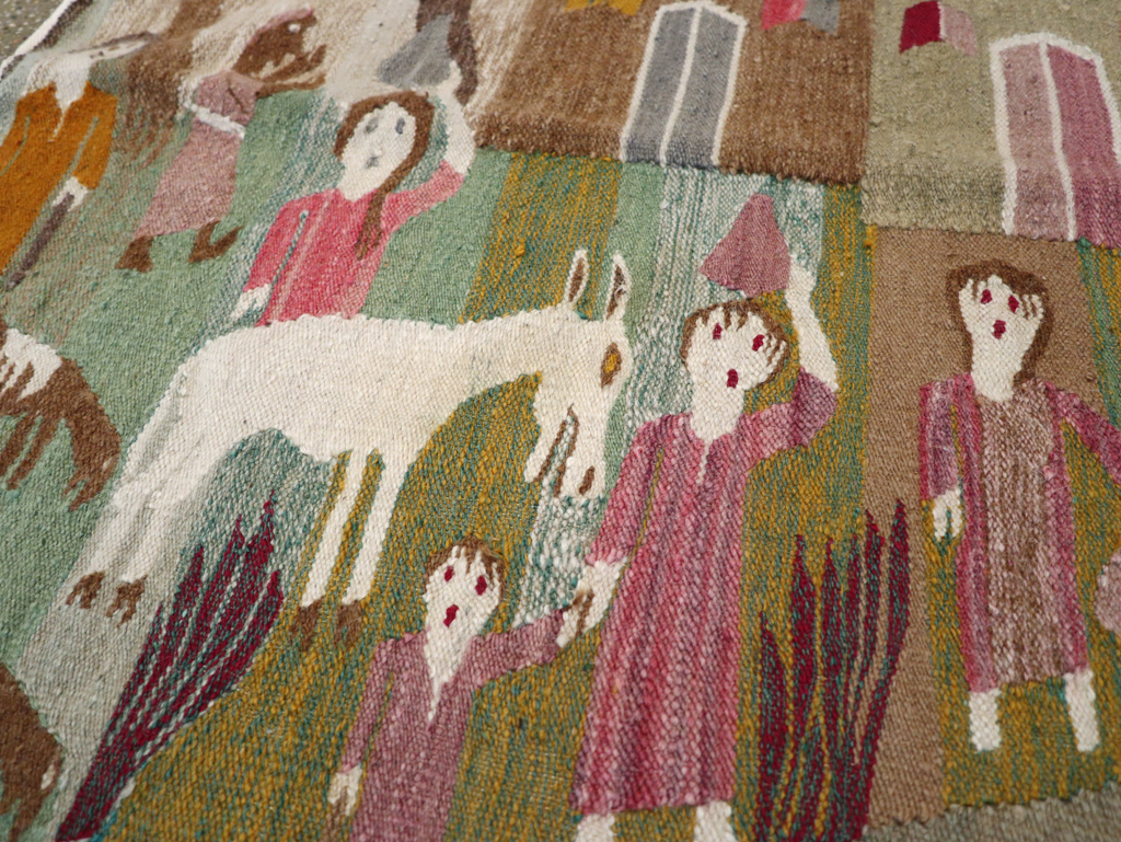 Vintage Polish Pictorial Flatweave Kilim Throw Rug, No.30632 - Staging