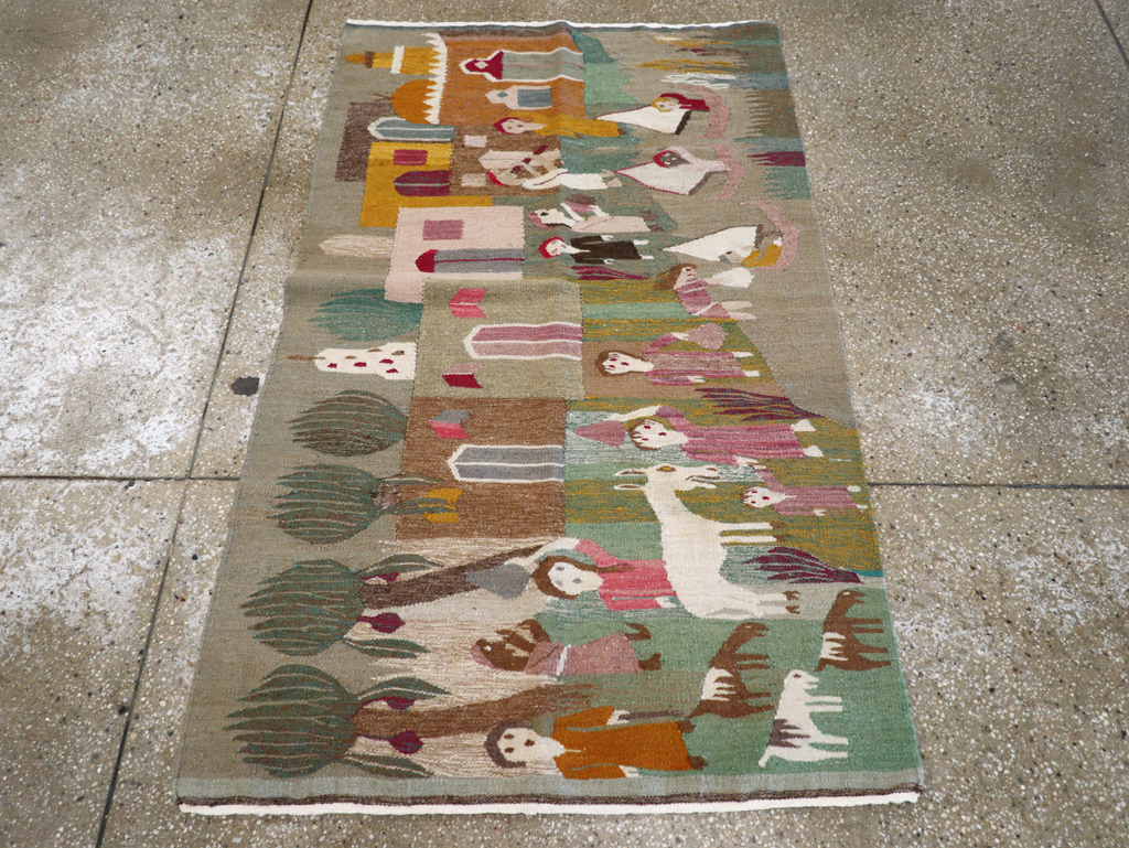 Vintage Polish Pictorial Flatweave Kilim Throw Rug, No.30632 - Staging