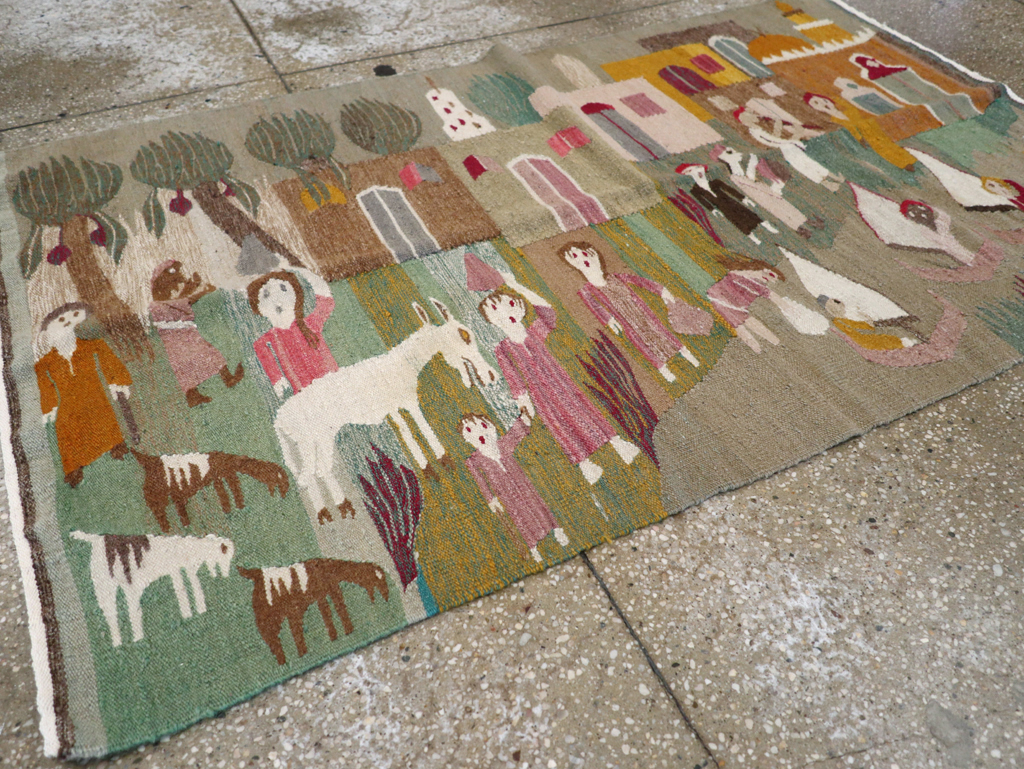 Vintage Polish Pictorial Flatweave Kilim Throw Rug, No.30632 - Staging