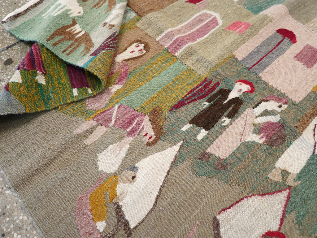 Vintage Polish Pictorial Flatweave Kilim Throw Rug, No.30632 - Staging