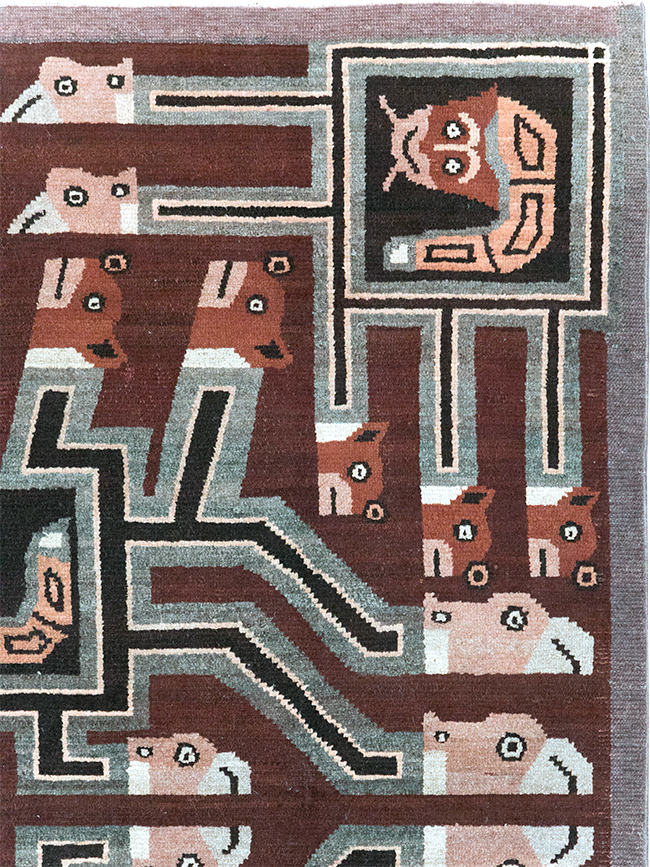 Vintage Indian Art Deco Style Pictorial Accent Rug, No.30724 - Staging