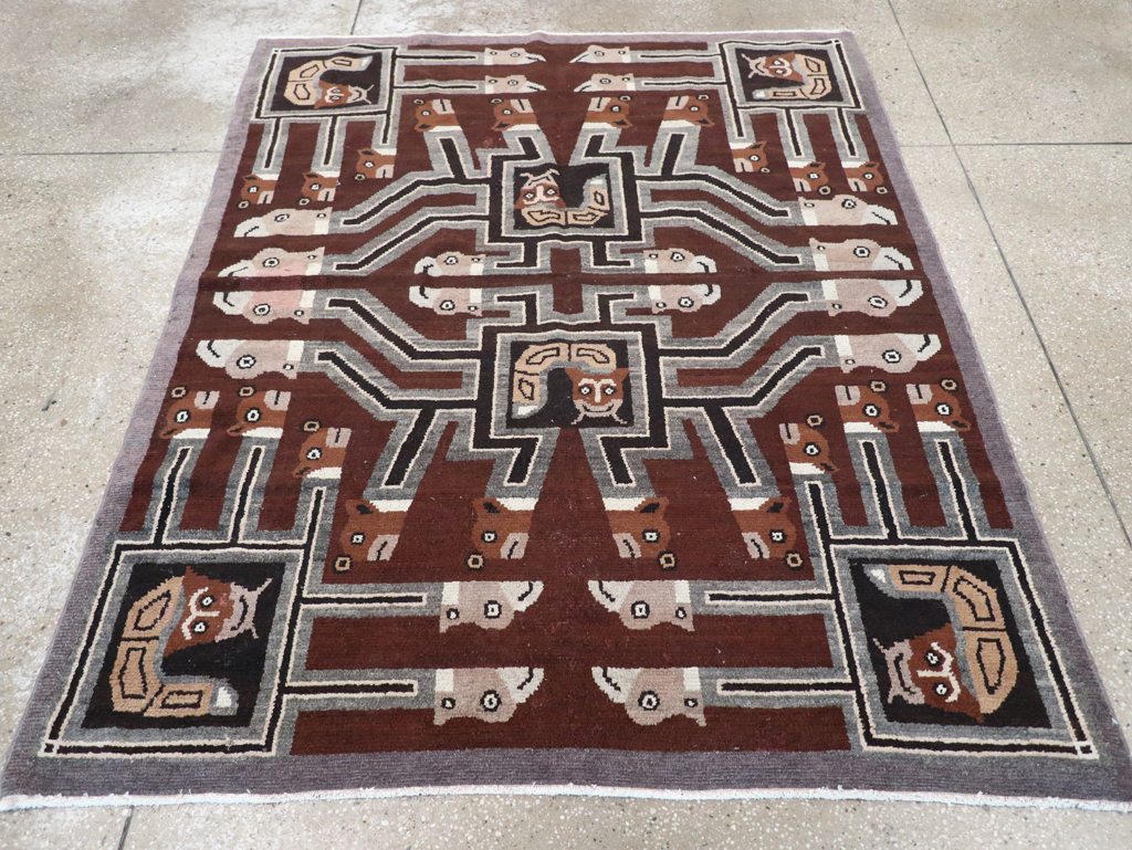 Vintage Indian Art Deco Style Pictorial Accent Rug, No.30724 - Staging