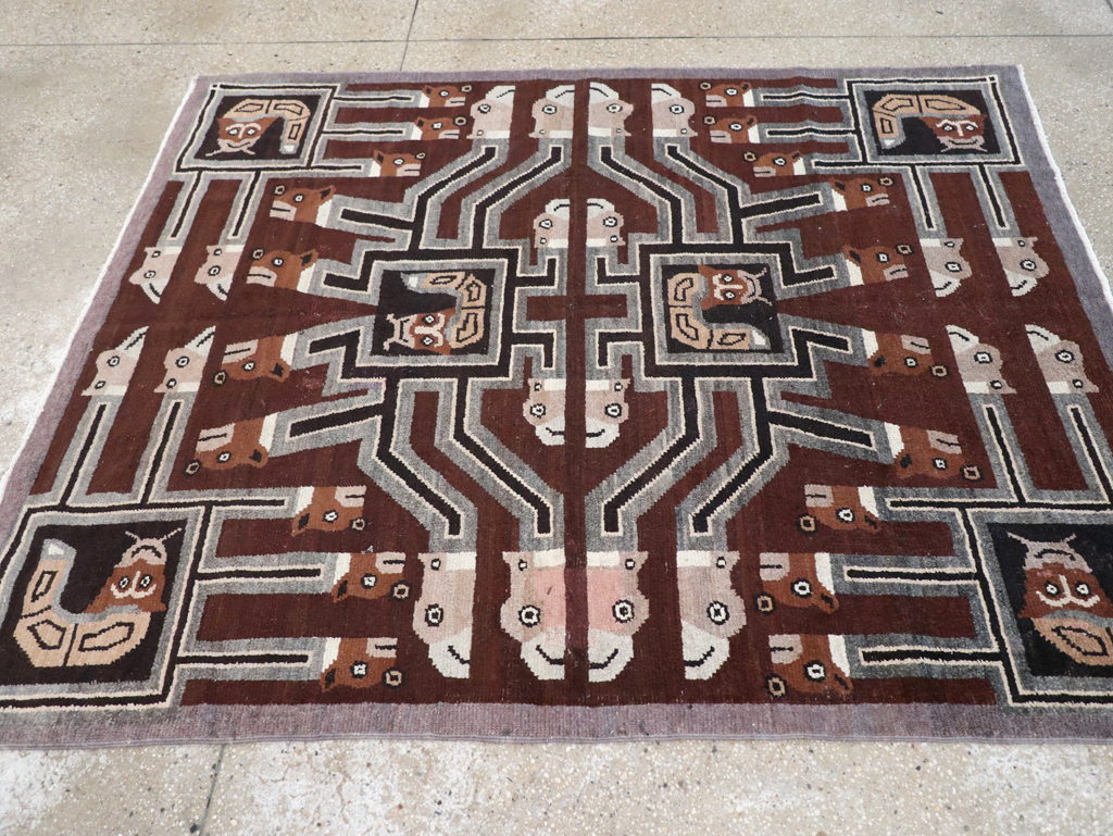 Vintage Indian Art Deco Style Pictorial Accent Rug, No.30724 - Staging