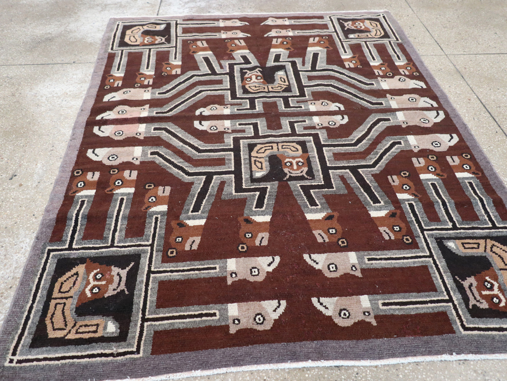 Vintage Indian Art Deco Style Pictorial Accent Rug, No.30724 - Staging