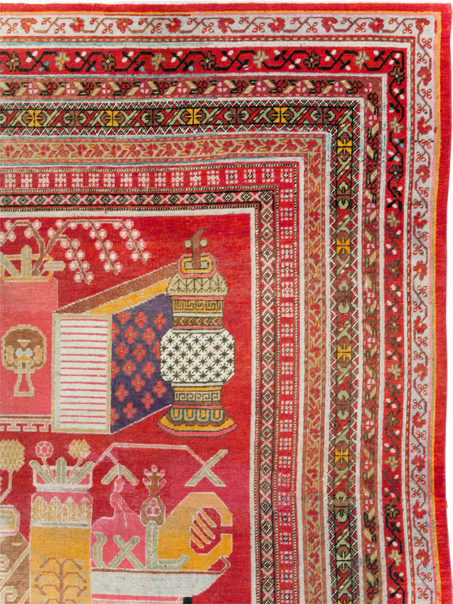 Antique East Turkestan Pictorial Vase Khotan Small Room Size Carpet, No.30818 - Staging
