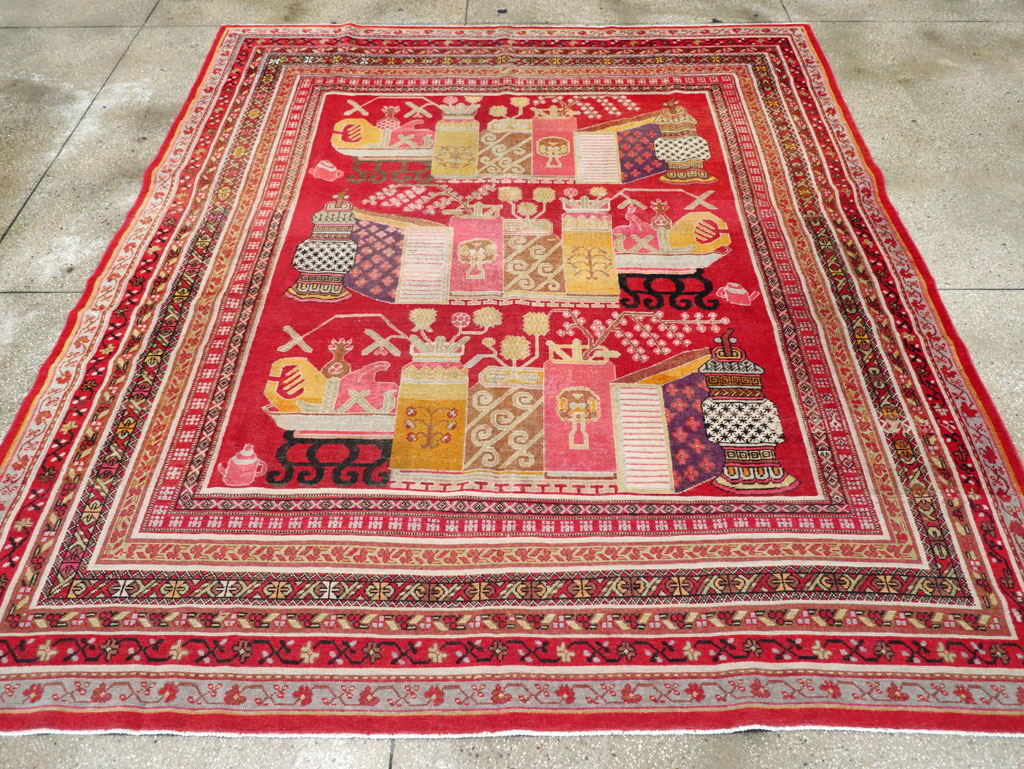 Antique East Turkestan Pictorial Vase Khotan Small Room Size Carpet, No.30818 - Staging