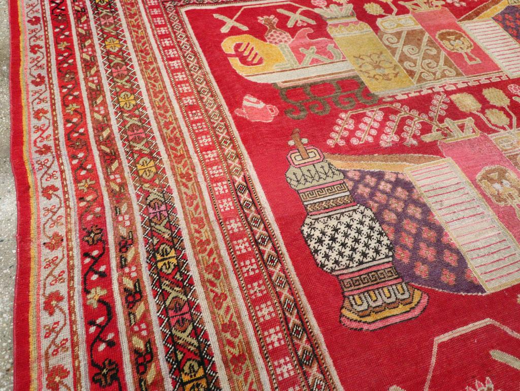 Antique East Turkestan Pictorial Vase Khotan Small Room Size Carpet, No.30818 - Staging