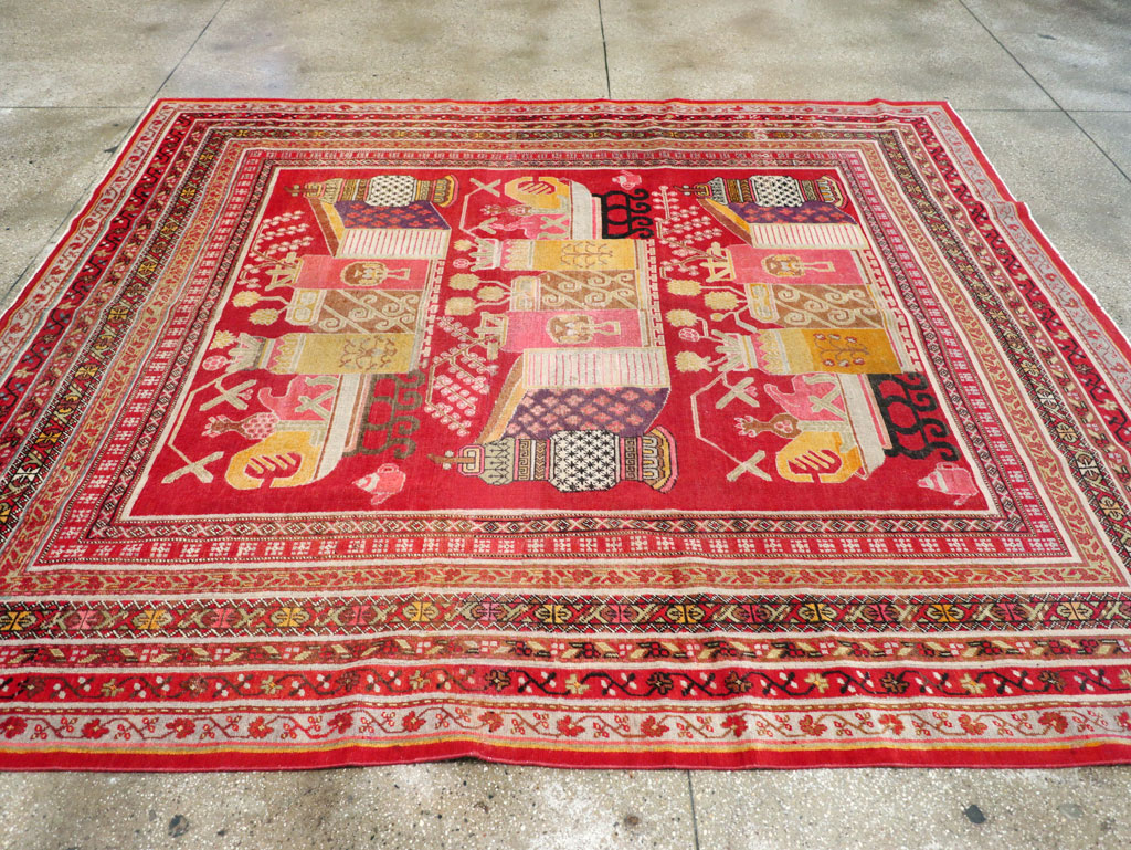 Antique East Turkestan Pictorial Vase Khotan Small Room Size Carpet, No.30818 - Staging