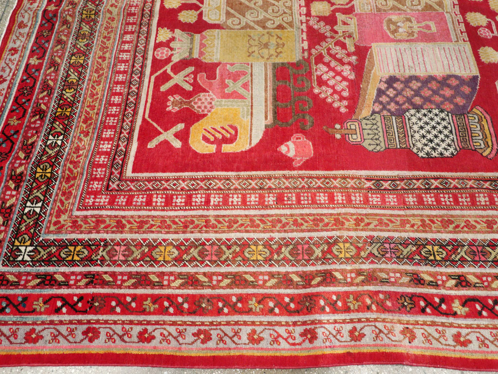 Antique East Turkestan Pictorial Vase Khotan Small Room Size Carpet, No.30818 - Staging