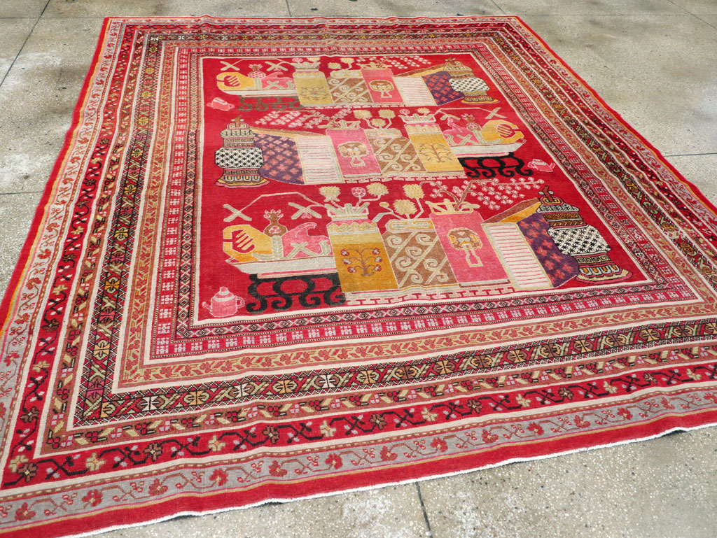 Antique East Turkestan Pictorial Vase Khotan Small Room Size Carpet, No.30818 - Staging