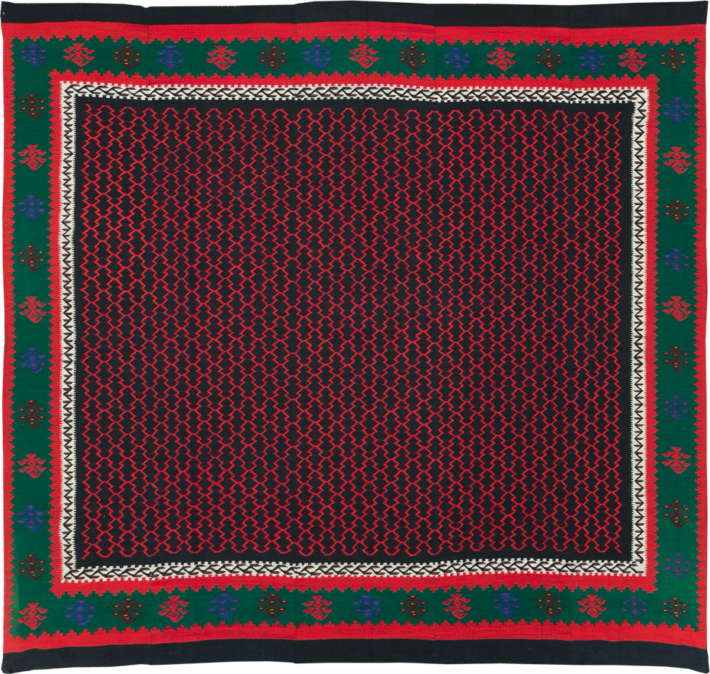 Vintage Turkish Flatweave Kilim Square Room Size Carpet, No.30823 - Staging