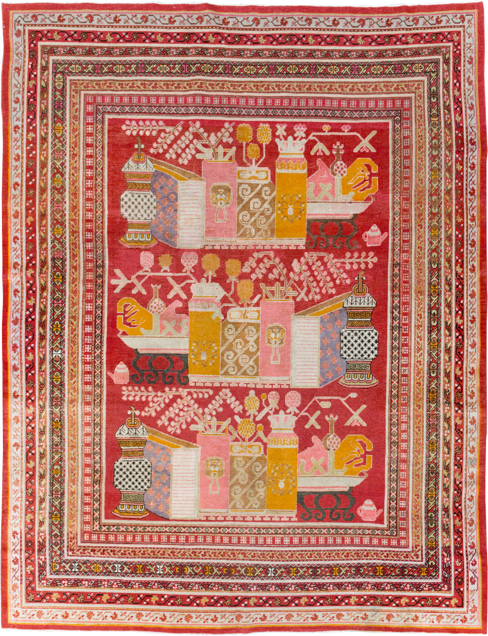 Antique East Turkestan Pictorial Vase Khotan Room Size Carpet, No.30852 - Staging