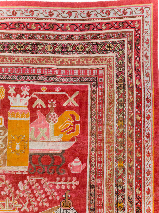 Antique East Turkestan Pictorial Vase Khotan Room Size Carpet, No.30852 - Staging