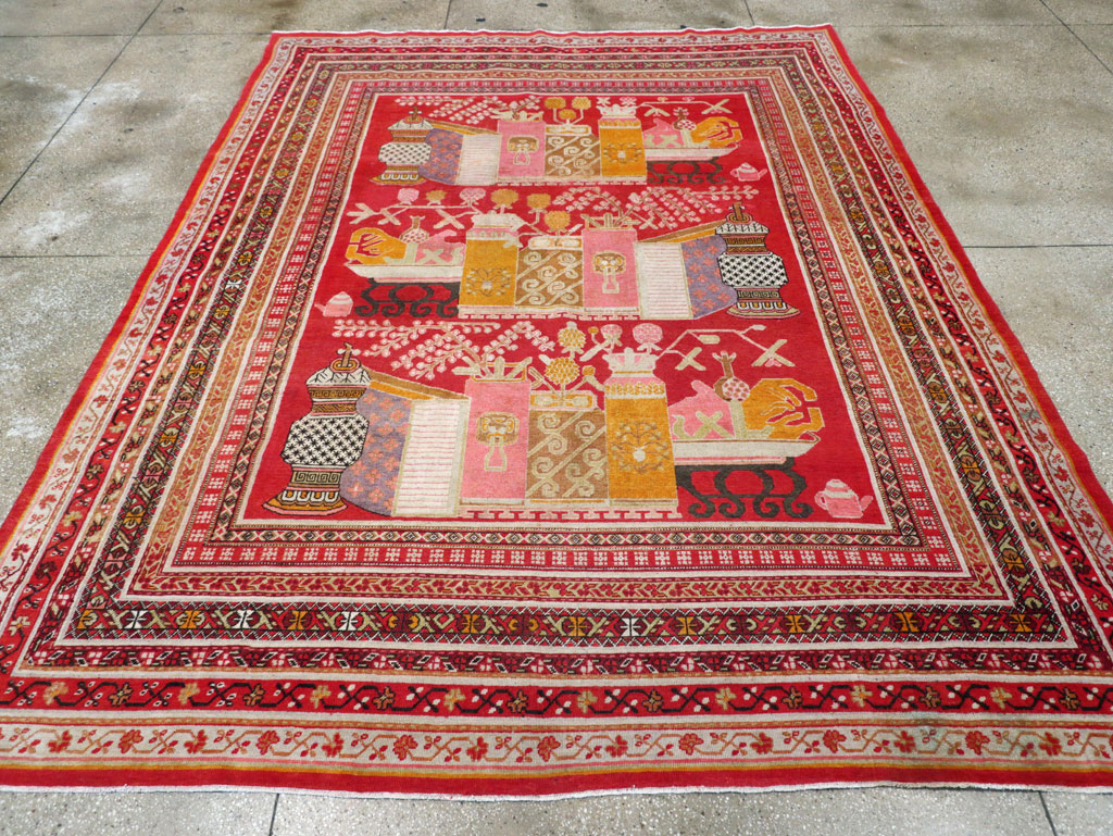 Antique East Turkestan Pictorial Vase Khotan Room Size Carpet, No.30852 - Staging