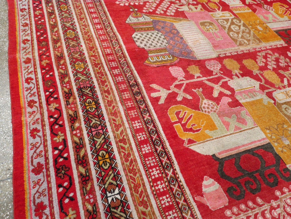 Antique East Turkestan Pictorial Vase Khotan Room Size Carpet, No.30852 - Staging