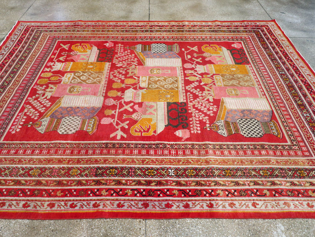 Antique East Turkestan Pictorial Vase Khotan Room Size Carpet, No.30852 - Staging