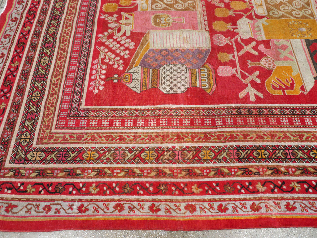 Antique East Turkestan Pictorial Vase Khotan Room Size Carpet, No.30852 - Staging