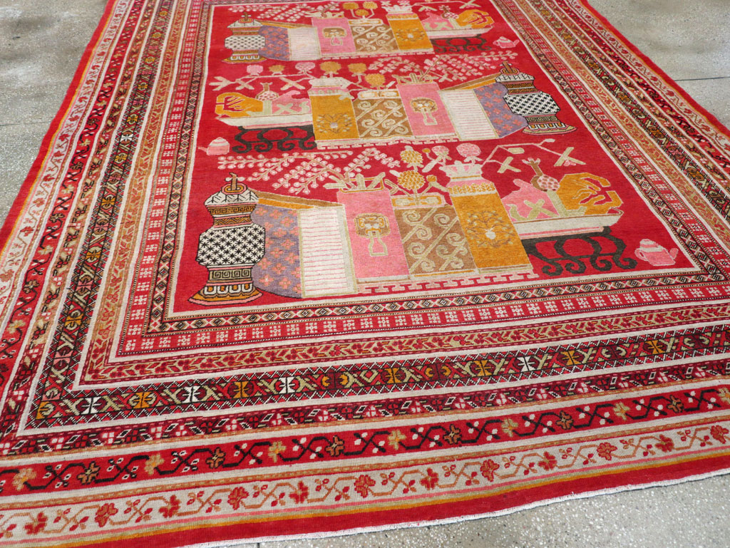 Antique East Turkestan Pictorial Vase Khotan Room Size Carpet, No.30852 - Staging