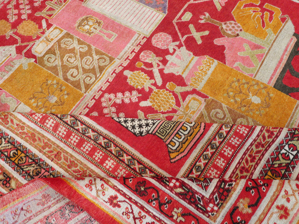 Antique East Turkestan Pictorial Vase Khotan Room Size Carpet, No.30852 - Staging