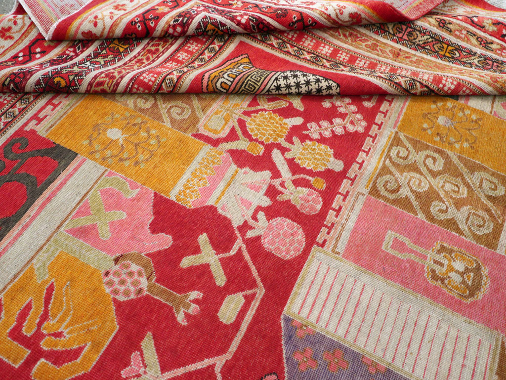 Antique East Turkestan Pictorial Vase Khotan Room Size Carpet, No.30852 - Staging