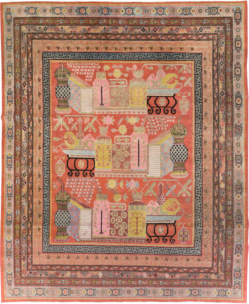 Antique East Turkestan Vase Khotan Room Size Carpet, No.30927 - Staging