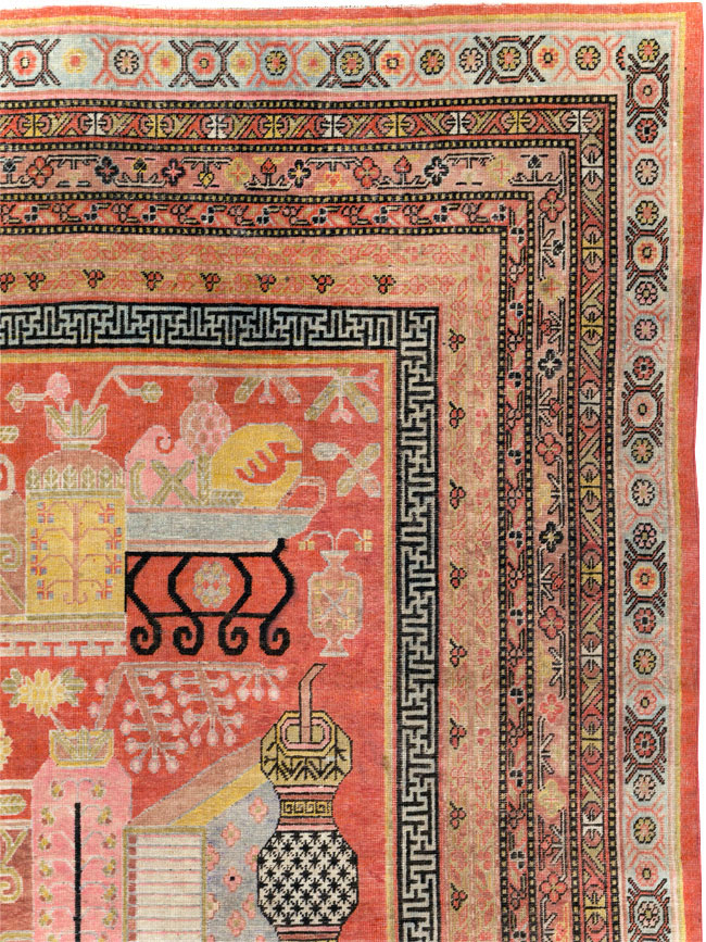 Antique East Turkestan Vase Khotan Room Size Carpet, No.30927 - Staging
