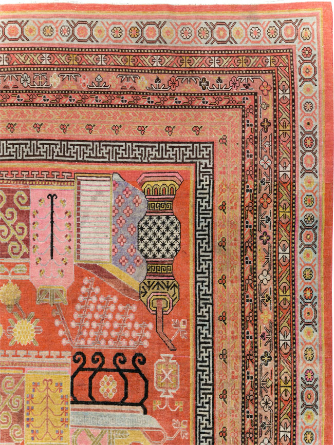 Antique East Turkestan Vase Khotan Room Size Carpet, No.30927 - Staging
