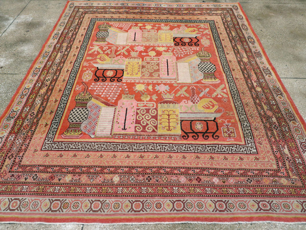 Antique East Turkestan Vase Khotan Room Size Carpet, No.30927 - Staging