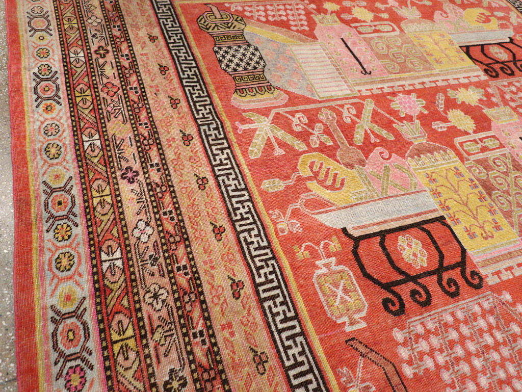 Antique East Turkestan Vase Khotan Small Room Size Carpet, No.30927 - Staging