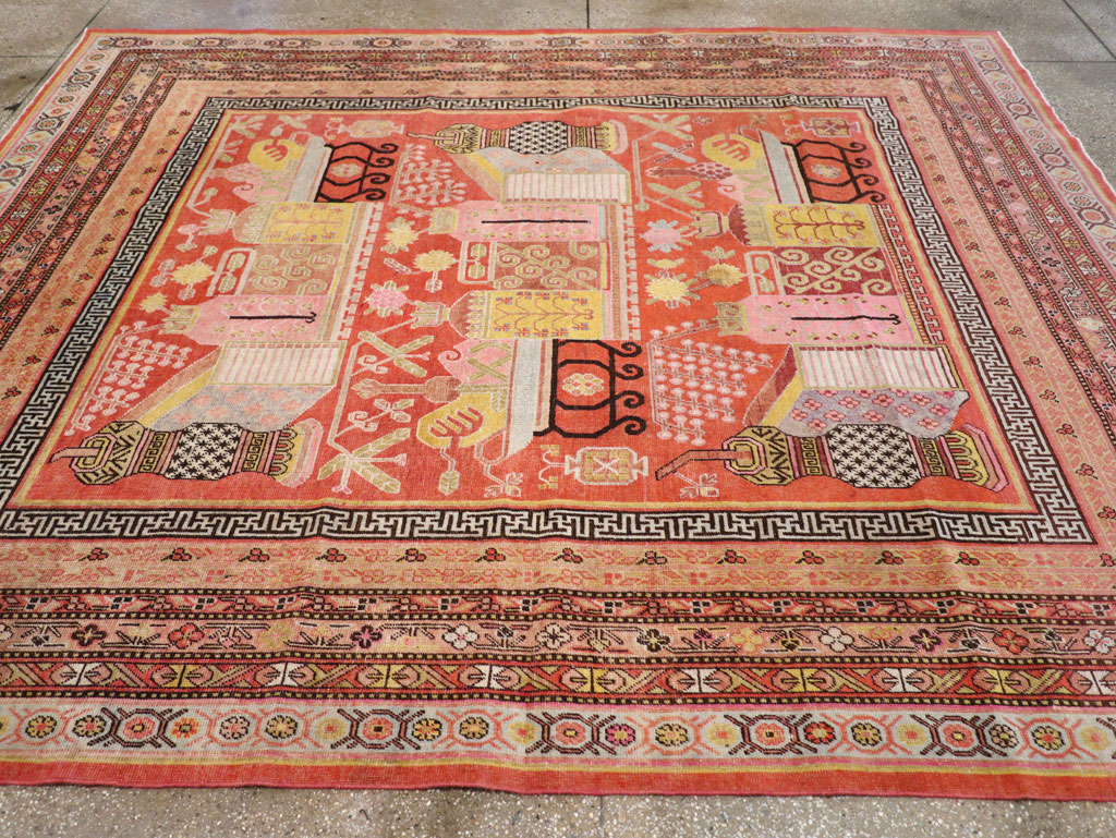 Antique East Turkestan Vase Khotan Room Size Carpet, No.30927 - Staging