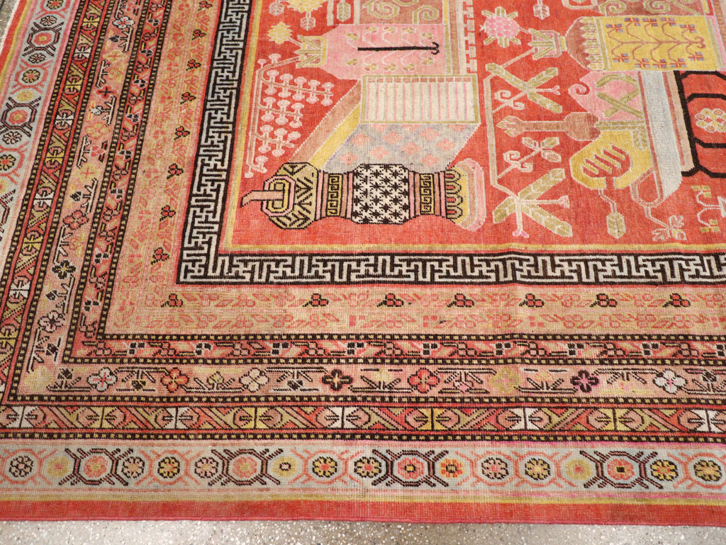 Antique East Turkestan Vase Khotan Small Room Size Carpet, No.30927 - Staging
