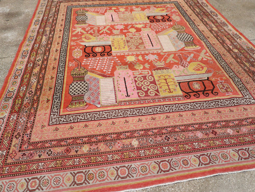 Antique East Turkestan Vase Khotan Small Room Size Carpet, No.30927 - Staging