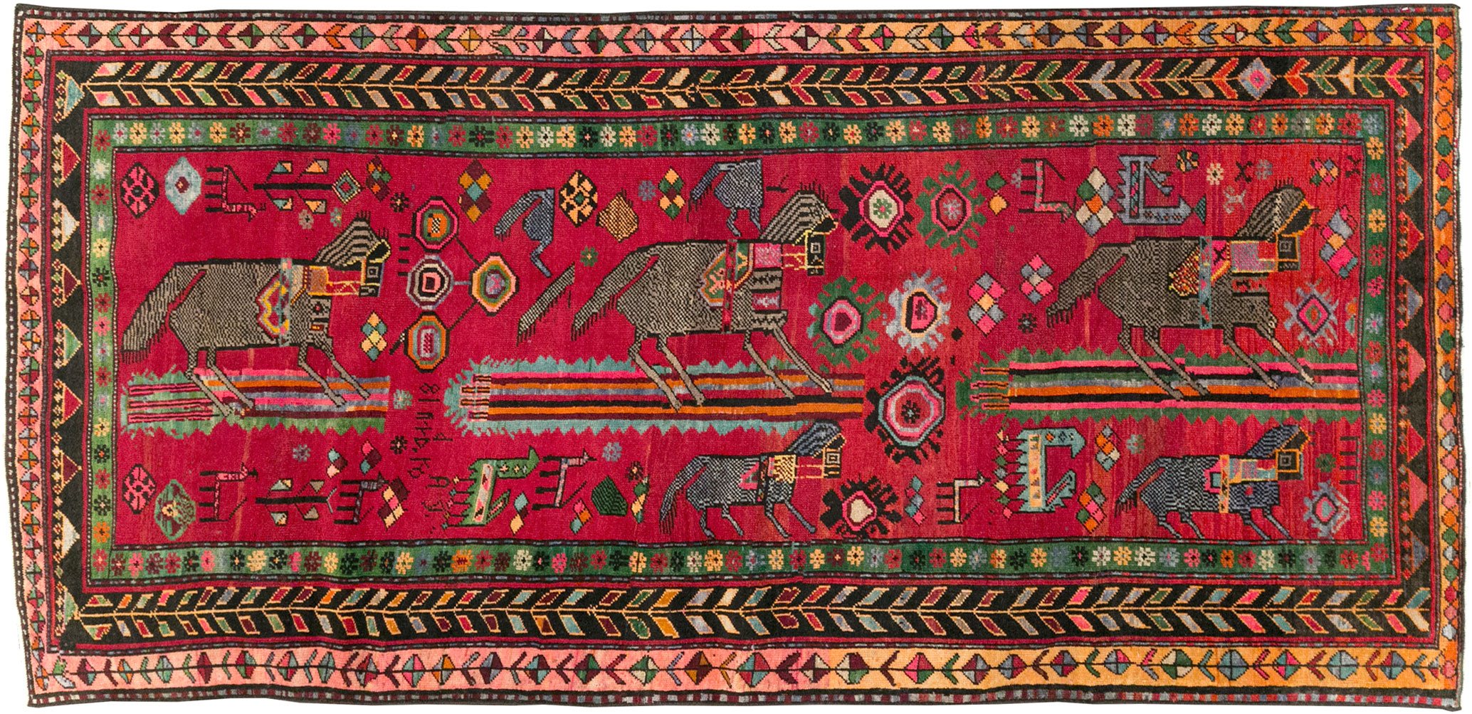 Vintage Caucasian Karabagh Pictorial Rug, No.31068 - Staging