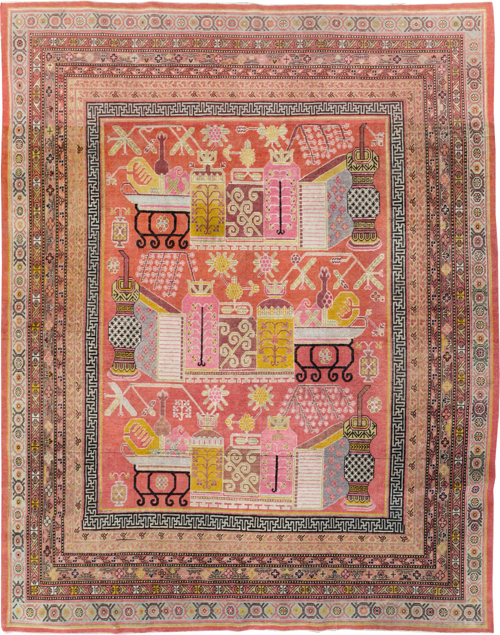 Antique East Turkestan Vase Khotan Small Room Size Carpet, No.31144 - Staging